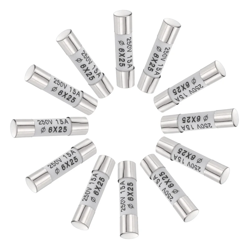 12 Pcs Ceramic Cartridge Fuse 15A 250V 0.24"x0.98" Silver White, for Appliance