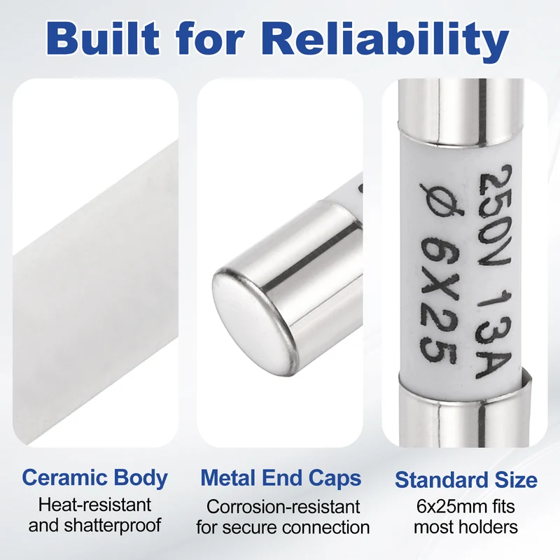 12 Pcs Ceramic Cartridge Fuse 13A 250V 0.24"x0.98" Silver White, for Appliance