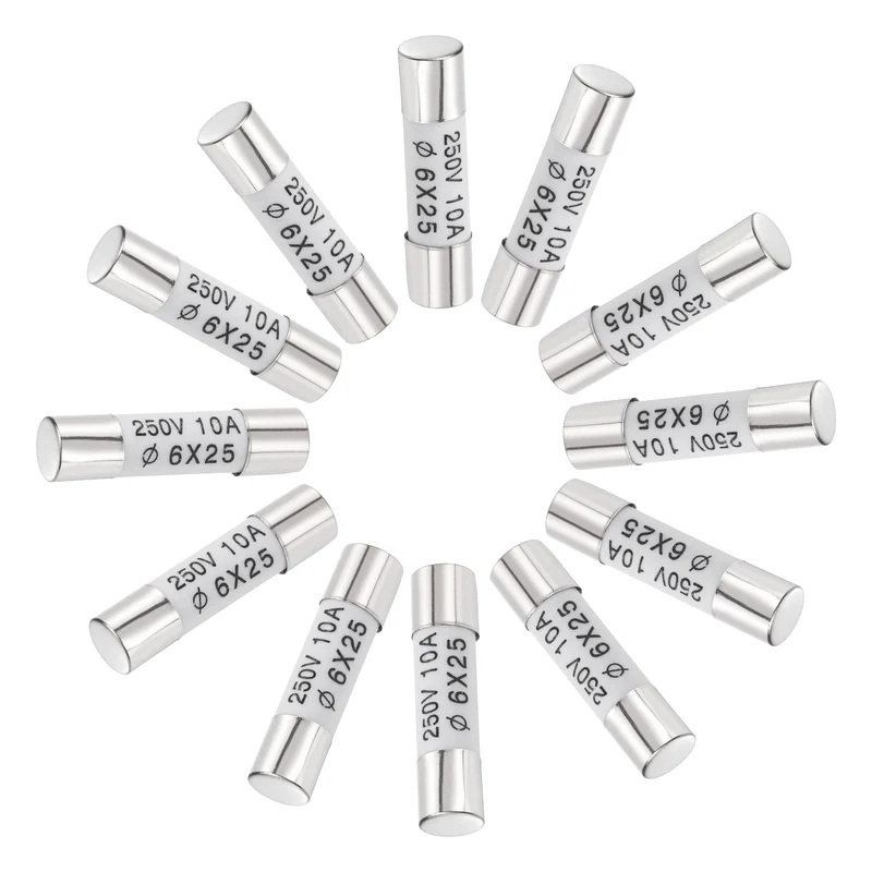 12 Pcs Ceramic Cartridge Fuse 10A 250V 0.24"x0.98" Silver White, for Appliance