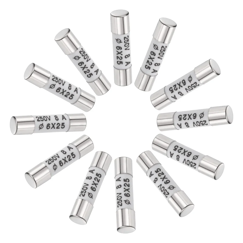 12 Pcs Ceramic Cartridge Fuse 8A 250V 0.24"x0.98" Silver White, for Appliance