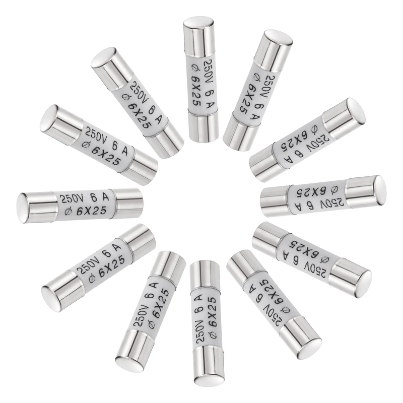 12 Pcs Ceramic Cartridge Fuse 6A 250V 0.24"x0.98" Silver White, for Appliance