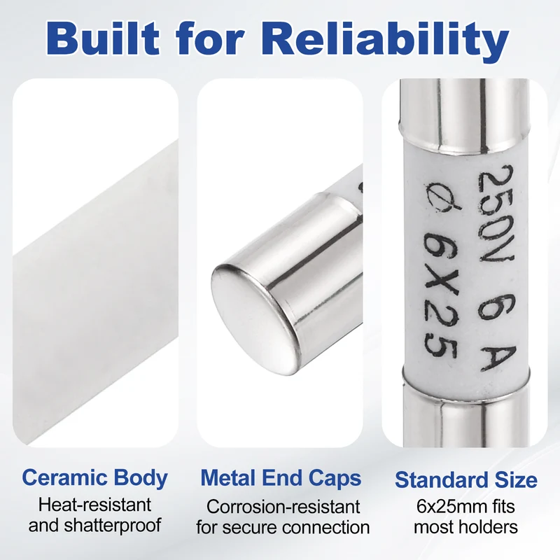 12 Pcs Ceramic Cartridge Fuse 6A 250V 0.24"x0.98" Silver White, for Appliance