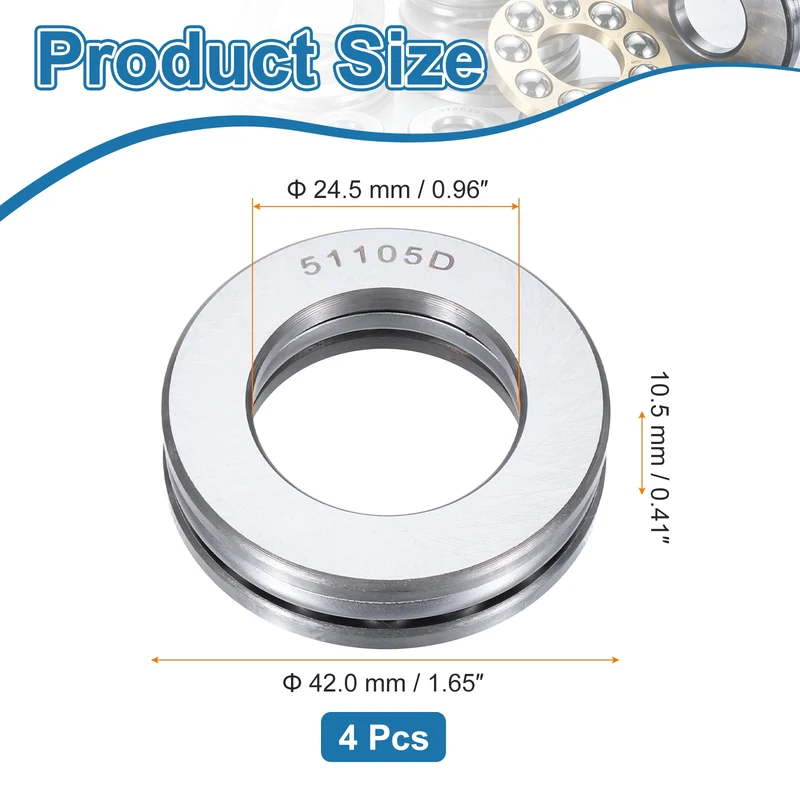 51105D Thrust Ball Bearing, Axial Ball Bearing 24.5x42x10.5mm 4Pcs