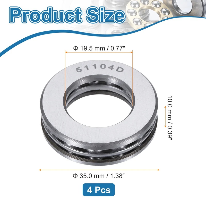 51104D Thrust Ball Bearing, Axial Ball Bearing 19.5x35x10mm 4Pcs