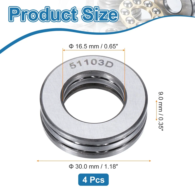 51103D Thrust Ball Bearing, Axial Ball Bearing 16.5x30x9mm 4Pcs
