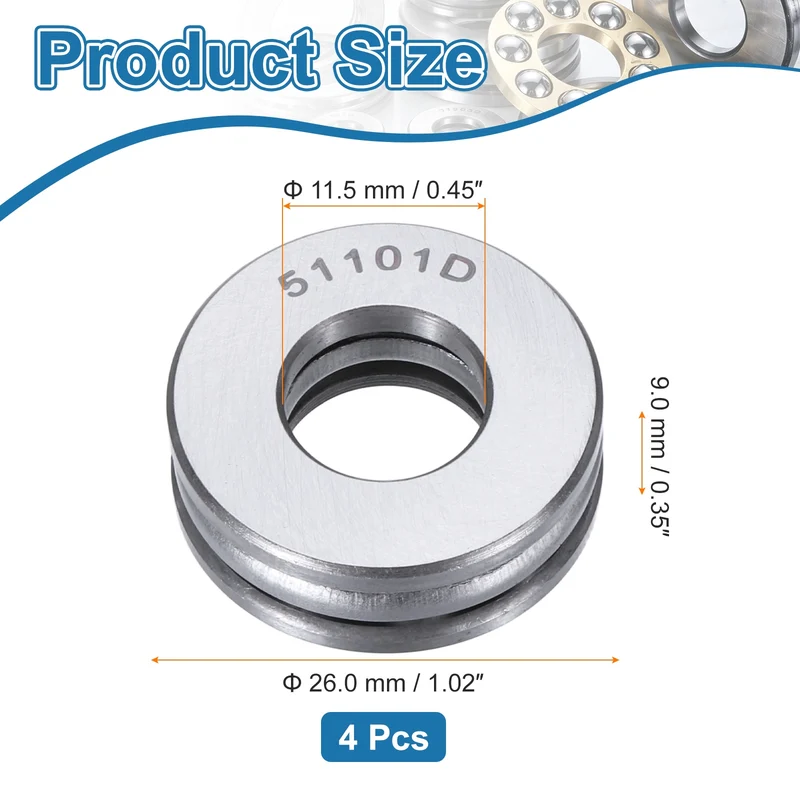 51101D Thrust Ball Bearing, Axial Ball Bearing 11.5x26x9mm 4Pcs