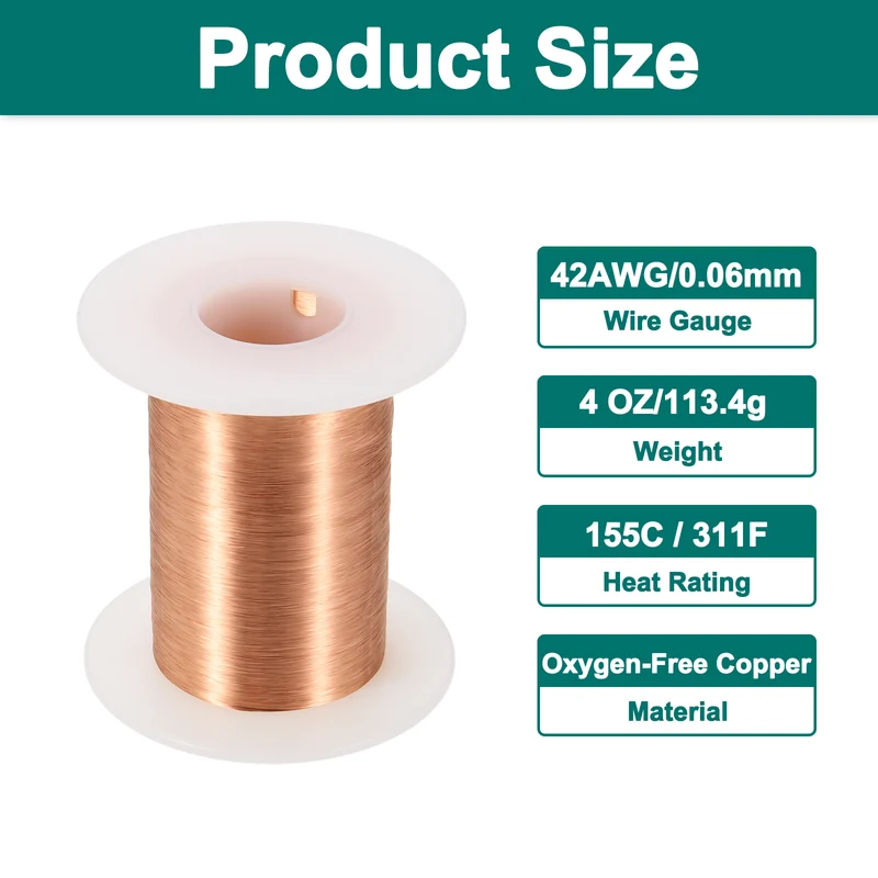 42 AWG Magnet Wire, 42 Gauge 4 oz Enameled Copper Wire, 155C(311F), Copper Color