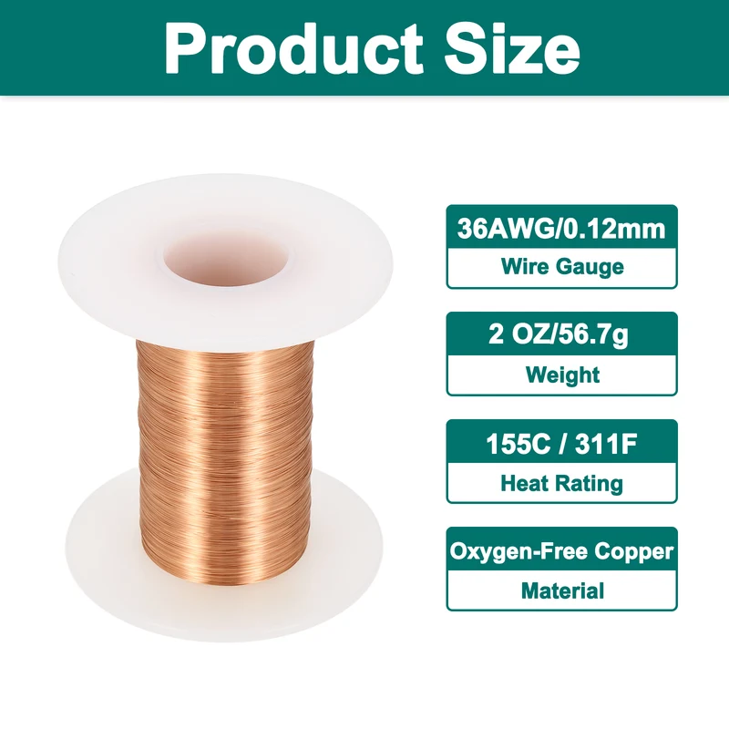 36 AWG Magnet Wire, 36 Gauge 2 oz Enameled Copper Wire, 155C(311F), Copper Color