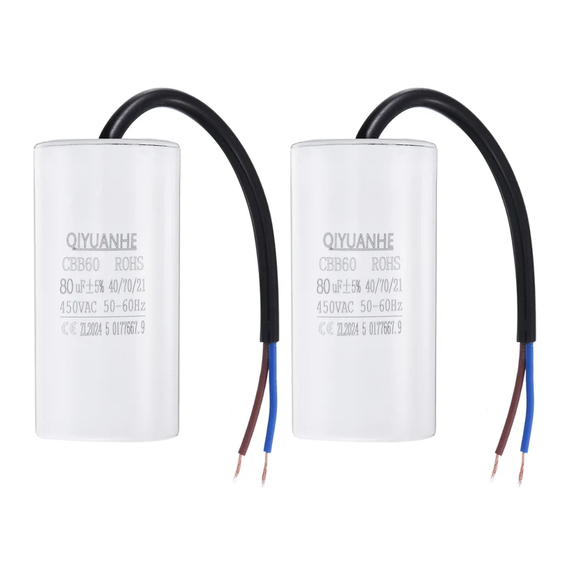 2Pcs CBB60 80uf Running Capacitor 450VAC 50/60Hz 100x50mm