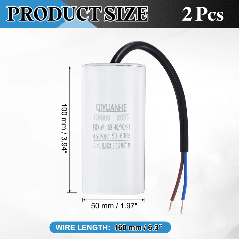 2Pcs CBB60 80uf Running Capacitor 450VAC 50/60Hz 100x50mm