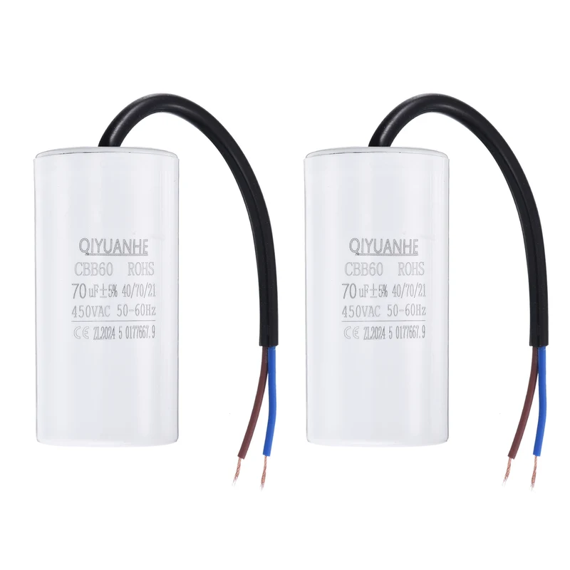 2Pcs CBB60 70uf Running Capacitor 450VAC 50/60Hz 100x50mm