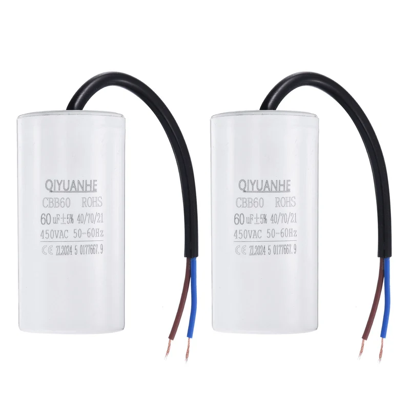 2Pcs CBB60 60uf Running Capacitor 450VAC 50/60Hz 100x50mm