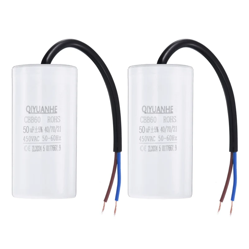 2Pcs CBB60 50uf Running Capacitor 450VAC 50/60Hz 100x50mm