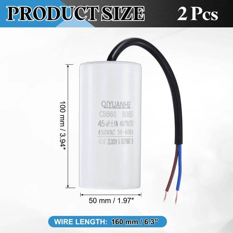 2Pcs CBB60 45uf Running Capacitor 450VAC 50/60Hz 100x50mm