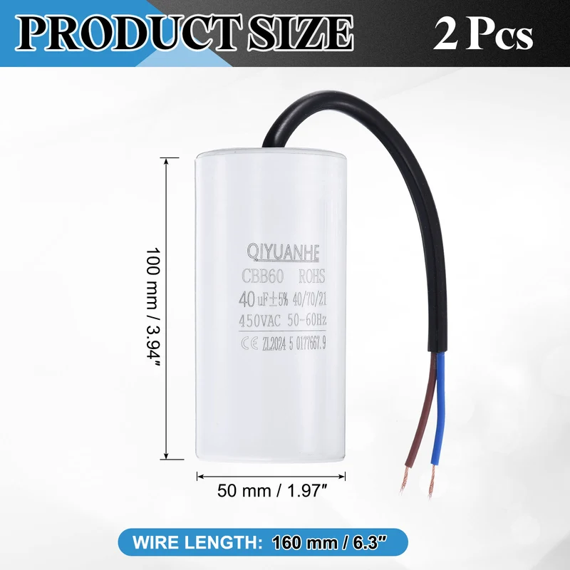 2Pcs CBB60 40uf Running Capacitor 450VAC 50/60Hz 100x50mm