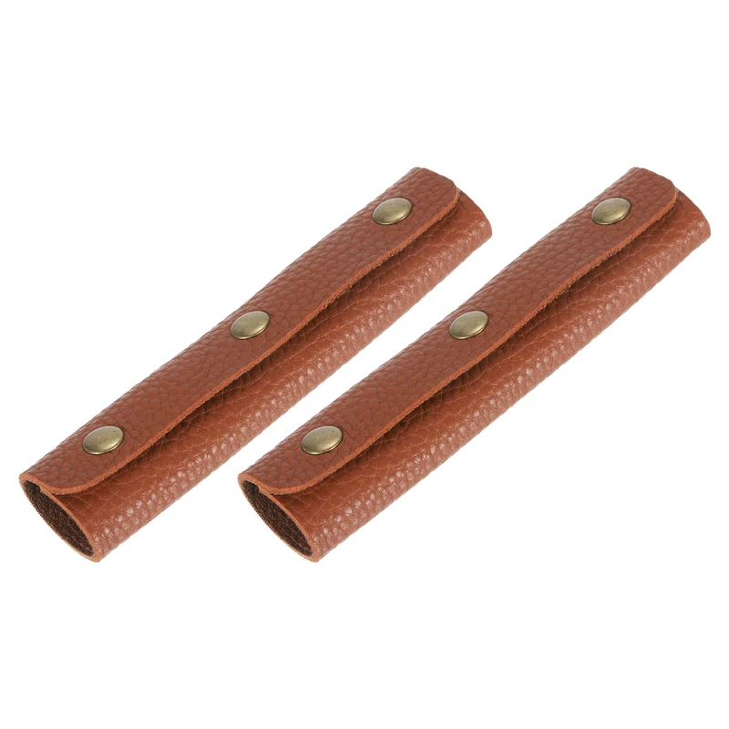 2Pcs PU Leather Luggage Handbag Handle Wrap Covers 3 Clasps (Dark Brown)