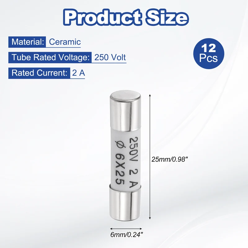 12 Pcs Ceramic Cartridge Fuse 2A 250V 0.24"x0.98" Silver White, for Appliance
