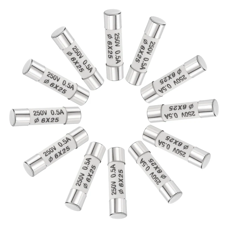 12 Pcs Ceramic Cartridge Fuse 0.5A 250V 0.24"x0.98" Silver White, for Appliance