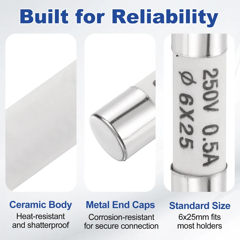 12 Pcs Ceramic Cartridge Fuse 0.5A 250V 0.24"x0.98" Silver White, for Appliance