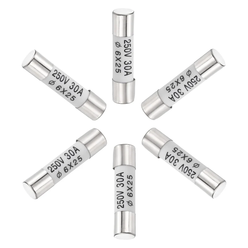 6 Pcs Ceramic Cartridge Fuse 30A 250V 0.24"x0.98" Silver White, for Appliance