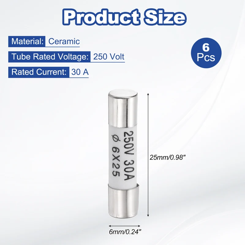 6 Pcs Ceramic Cartridge Fuse 30A 250V 0.24"x0.98" Silver White, for Appliance