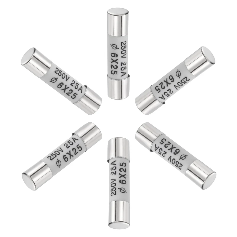 6 Pcs Ceramic Cartridge Fuse 25A 250V 0.24"x0.98" Silver White, for Appliance