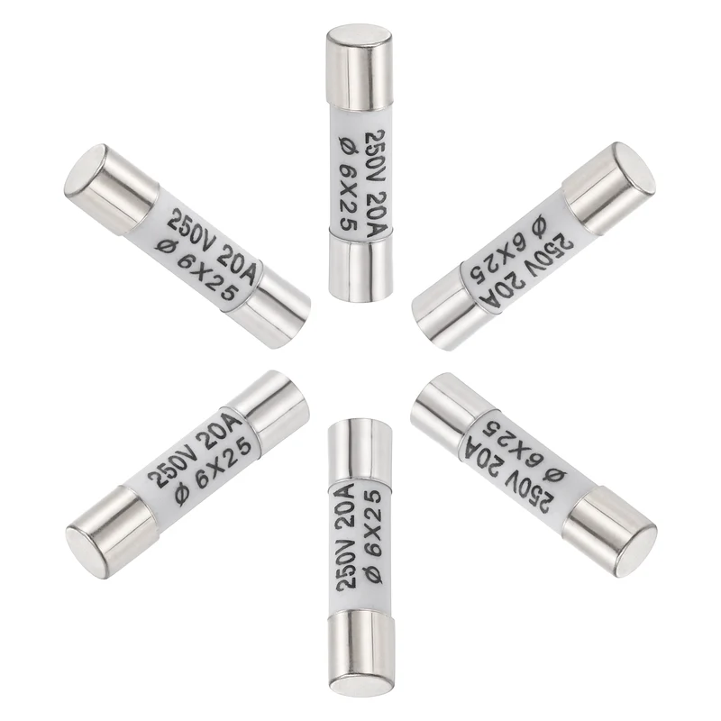 6 Pcs Ceramic Cartridge Fuse 20A 250V 0.24"x0.98" Silver White, for Appliance