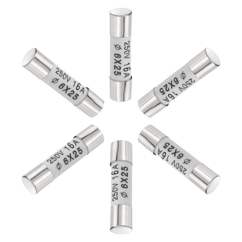 6 Pcs Ceramic Cartridge Fuse 16A 250V 0.24"x0.98" Silver White, for Appliance