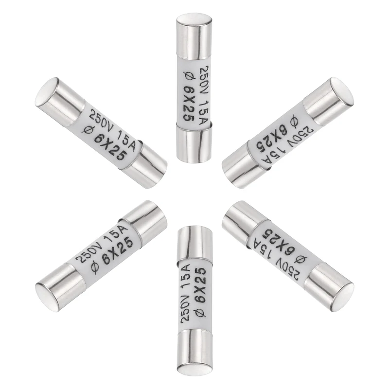 6 Pcs Ceramic Cartridge Fuse 15A 250V 0.24"x0.98" Silver White, for Appliance