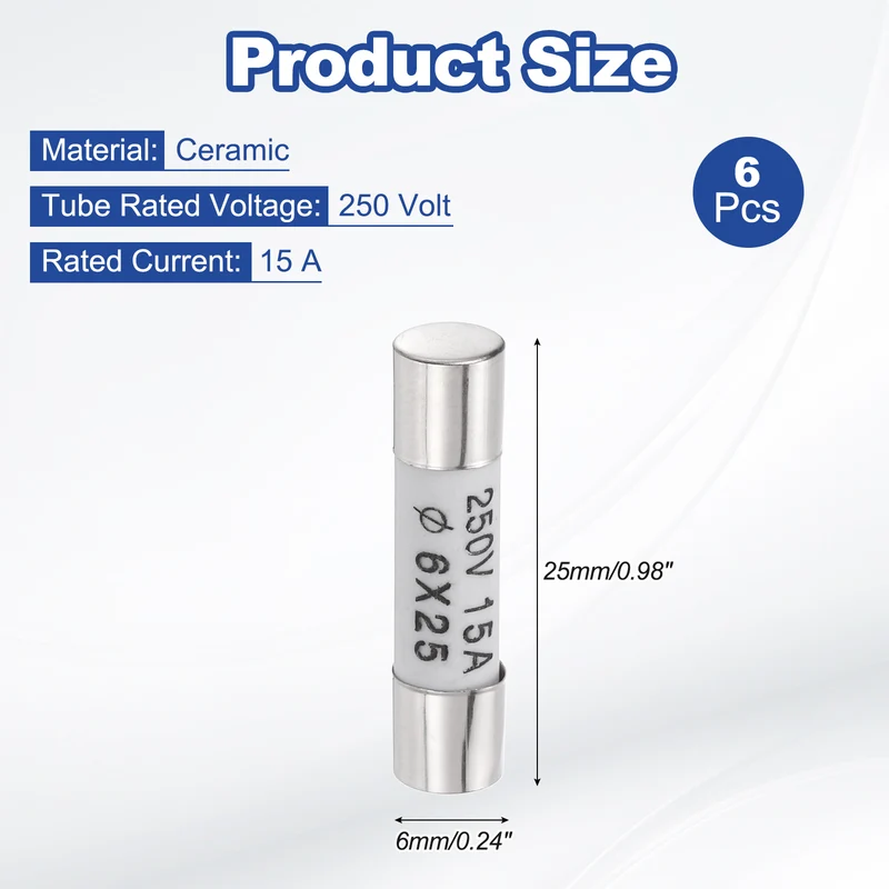 6 Pcs Ceramic Cartridge Fuse 15A 250V 0.24"x0.98" Silver White, for Appliance