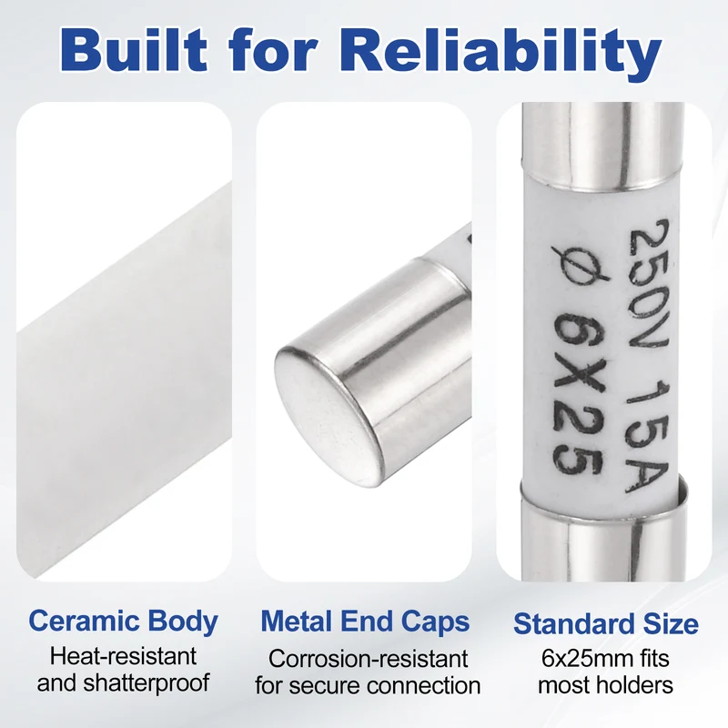 6 Pcs Ceramic Cartridge Fuse 15A 250V 0.24"x0.98" Silver White, for Appliance