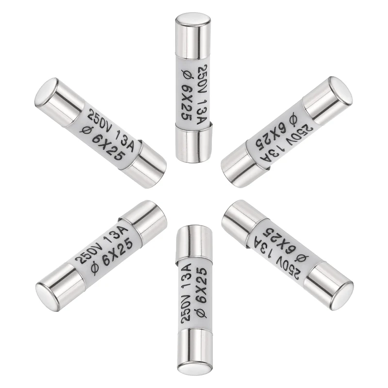 6 Pcs Ceramic Cartridge Fuse 13A 250V 0.24"x0.98" Silver White, for Appliance