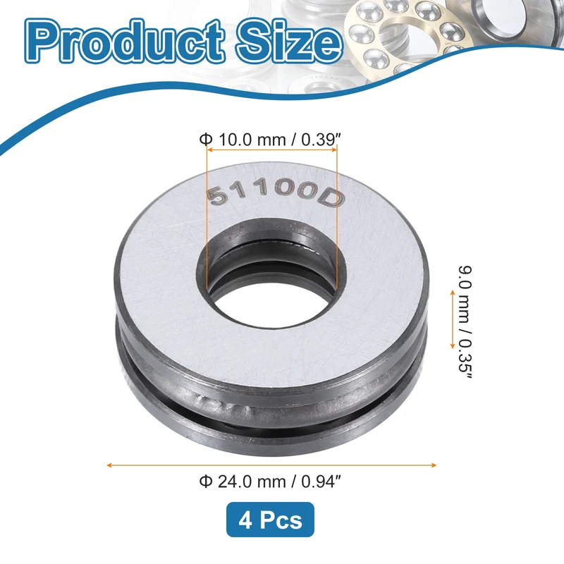 51100D Thrust Ball Bearing, Axial Ball Bearing 10x24x9mm 4Pcs