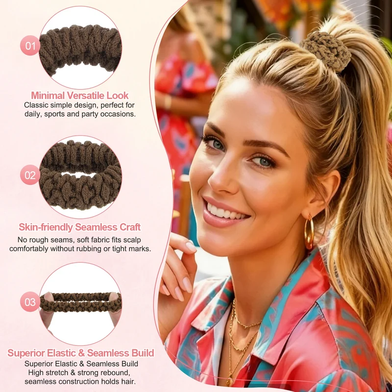 7Pcs Fabric Hair Ties, 1.7 Inch ID Seamless Soft Ponytail Holders, Brown