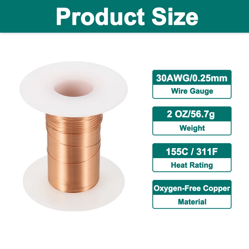 30 AWG Magnet Wire, 30 Gauge 2 oz Enameled Copper Wire, 155C(311F), Copper Color