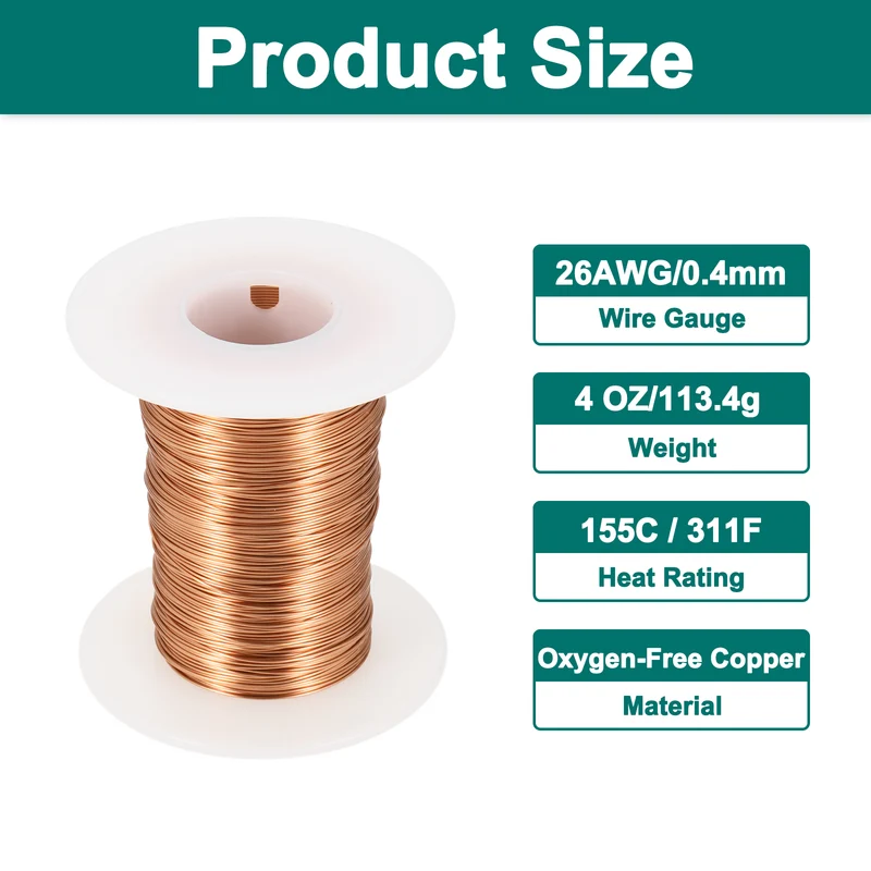 26 AWG Magnet Wire, 26 Gauge 4 oz Enameled Copper Wire, 155C(311F), Copper Color