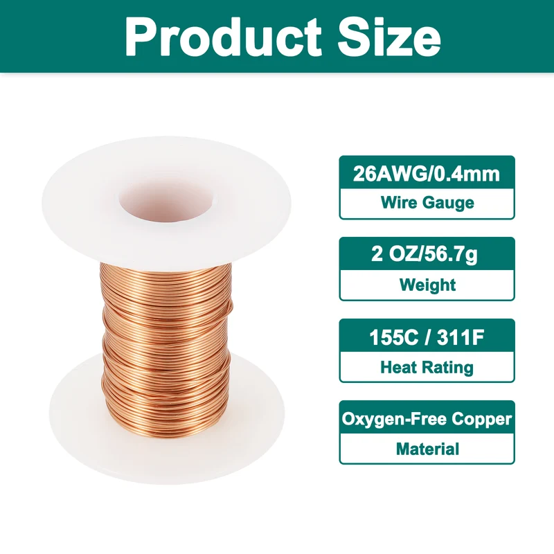 26 AWG Magnet Wire, 26 Gauge 2 oz Enameled Copper Wire, 155C(311F), Copper Color