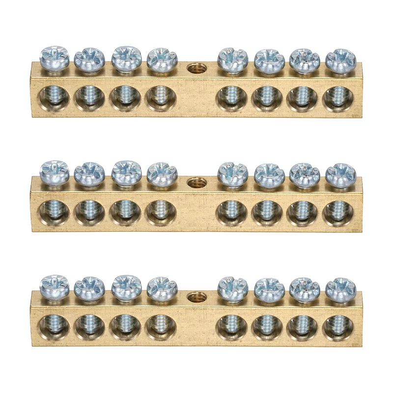 3 Pcs Terminal Ground Bar, 8 Positions M4 60.8x6x9mm Screw Block Barrier Brass