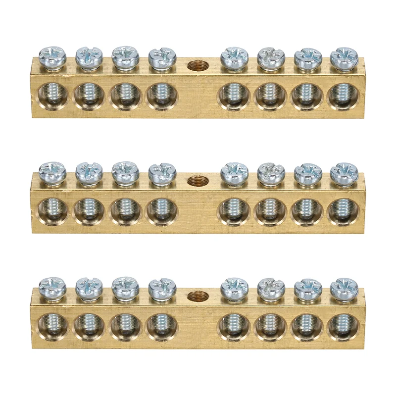 3 Pcs Terminal Ground Bar, 8 Positions M5 76x8x12mm Screw Block Barrier Brass
