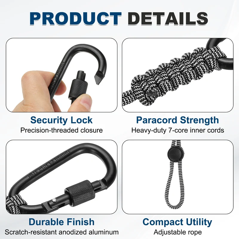 2Pcs Paracord Keychain Carabiner Clip D Ring Hook,Black White Striped Camouflage