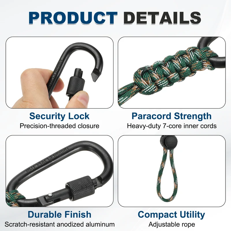 2 Pcs Paracord Keychain Carabiner Clip D Ring Hook, Dark Dark Green Camouflage