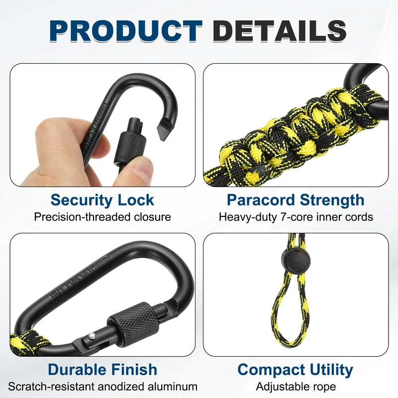 2 Pcs Paracord Keychain Carabiner Clip D Ring Hook, Yellow Black Camouflage