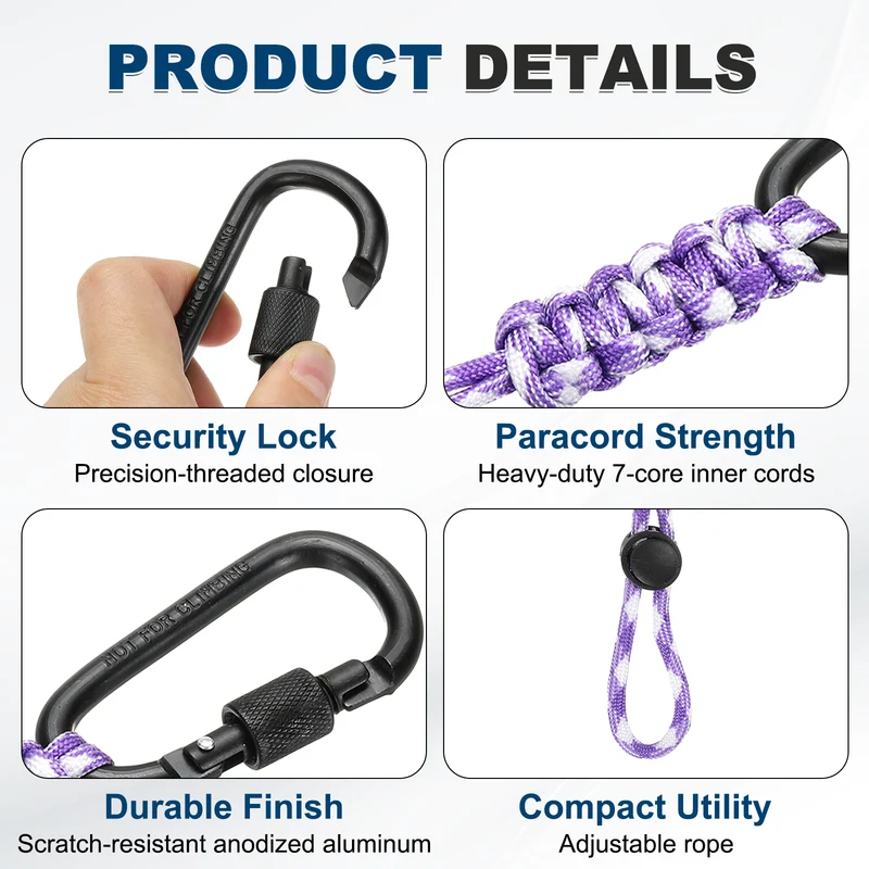 2 Pcs Paracord Keychain Carabiner Clip D Ring Hook, Purple White Camouflage