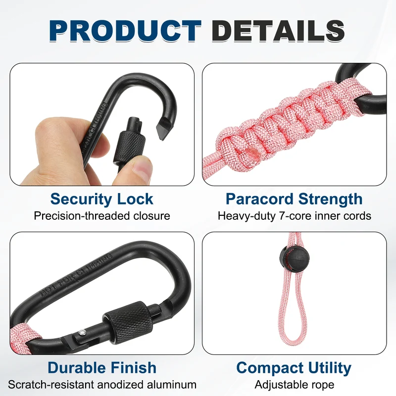 2 Pcs Paracord Keychain Carabiner Clip D Ring Hook, Light Pink