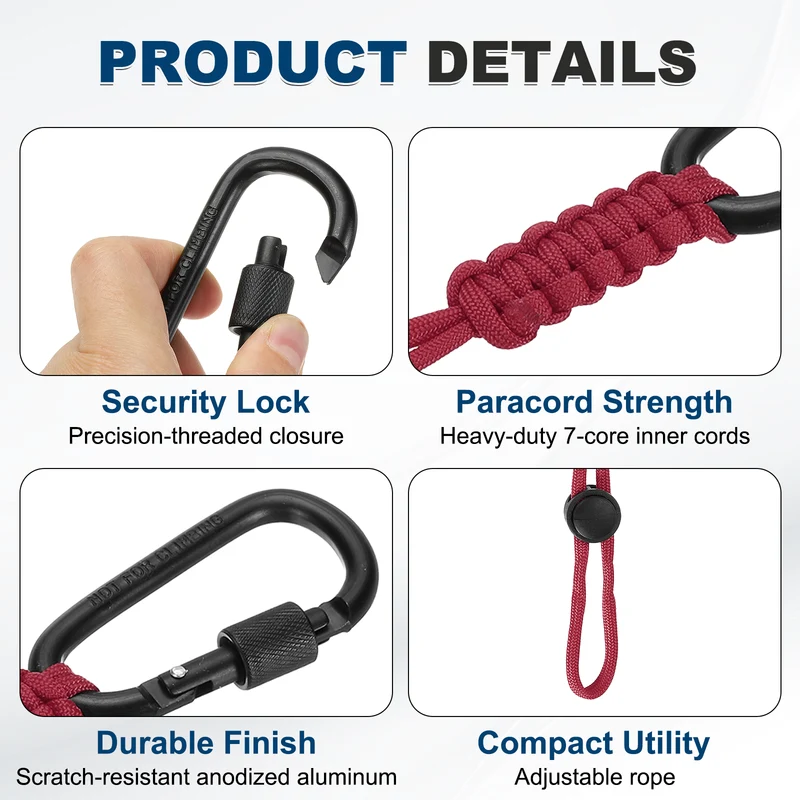 2 Pcs Paracord Keychain Carabiner Clip D Ring Hook, Burgundy