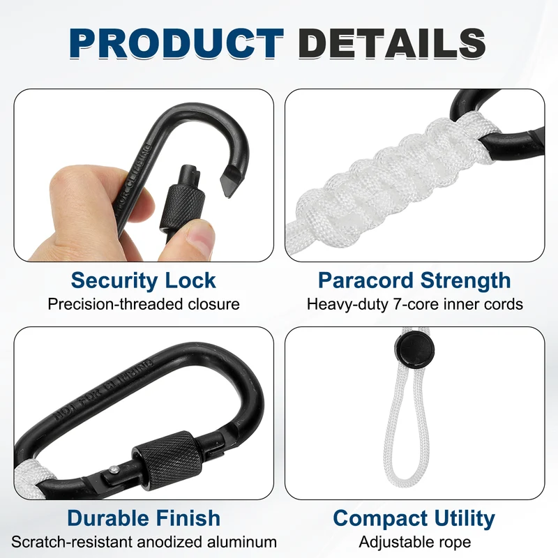 2 Pcs Paracord Keychain Carabiner Clip D Ring Hook, White