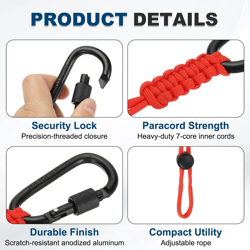 2 Pcs Paracord Keychain Carabiner Clip D Ring Hook, Red