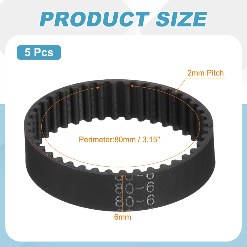 80mm GT-2 Timing Belt, 5pcs 6mm Width 2mm Pitch 3D Printing Closed Loop, Black