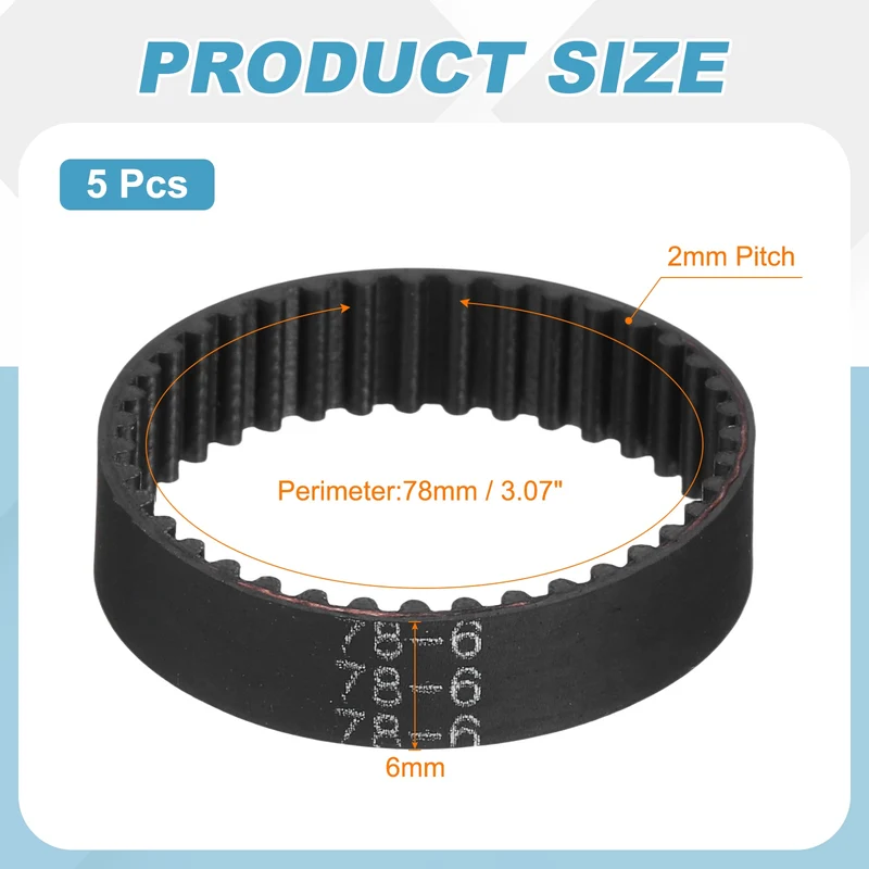 78mm GT-2 Timing Belt, 5pcs 6mm Width 2mm Pitch 3D Printing Closed Loop, Black