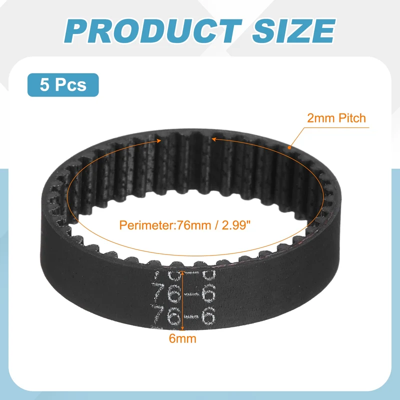 76mm GT-2 Timing Belt, 5pcs 6mm Width 2mm Pitch 3D Printing Closed Loop, Black
